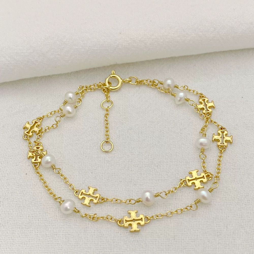 Tory Burch Pearl Inlay Letter Double Layer Metal Bracelet